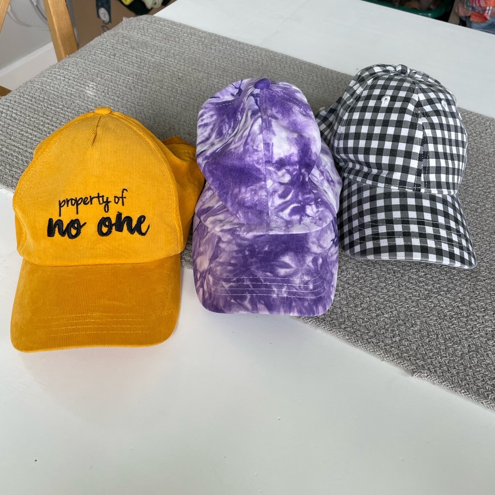 Set/3 Adjustable Baseball Hats Black White Gingham Purple Tie Dye Gold Corduroy - Picture 12 of 12